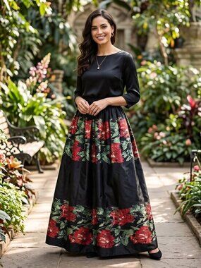 Vintage Adolfo silk taffeta Floral Black and Red Women's full ball maxi  Skirt S